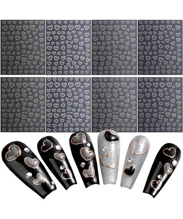 8 Sheets Metallic Heart Love Nail Decals - 3D Self-Adhesive Nail Stickers in Gold, Silver, Rose Gold, and White - French DIY Nail Decoration and Manicure Accessories for Women - Buy Online on SooperMarket.com