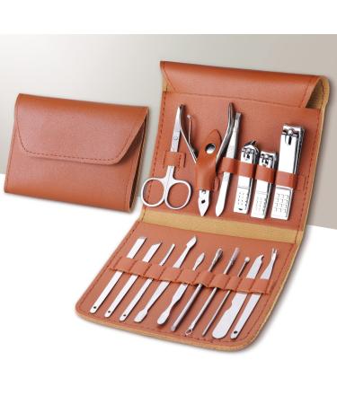 Balala Manicure Set Nail Clippers Cutters Professional Stainless Steel Pedicure Care Tools Grooming Tools Manicure&Pedicure Care Toe Finger Nail Clippers Cutters Nipper Case for Travel&Home 16P Brown