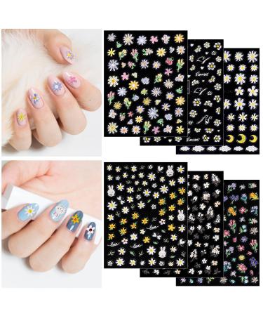 6 Sheets Small Daisy Nail Stickers Self-Adhesive Colorful Daisy Flowers Bunny Daisy Nail Stickers Floral Rabbit Leaves Nail Art Decals Decoration Accessories Suitable for Women and Girls