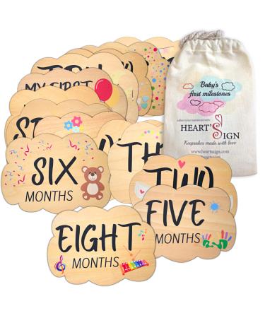 Heart's Sign Baby Monthly Milestone Cards - Hello World Newborn Sign | Cloud-Shaped Wooden Monthly Milestone Discs | Baby Monthly Milestone Wood Discs | Newborn Gift Set (Monthly Set)