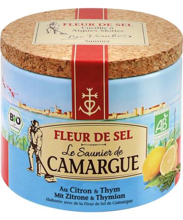 Le Saunier de Camargue Fleur de-Sel citric thyme in 125 g can Premium sea salt from the south of France ideal as the finishing of dishes and for refining dishes 125 g (1 Pack) lemon thyme