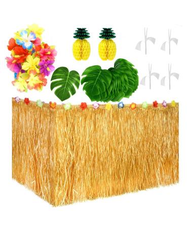 Fasezoomit 55 Pieces Hawaiian Tropical Party Decorations with 9ft Hawaiian Table Skirt, Palm Leaves, Luau Flowers, Tissue Pineapple for Island Theme Party Decoration (Golden)
