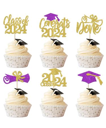 Rsstarxi 24 Pack Class of 2024 Cupcake Toppers 2024 Graduation Food Appetizer Picks 2024 Congrats Grad Cap Done Diploma Cupcake Picks for 2024 Graduation Theme Party Cake Decorations Gold Purple