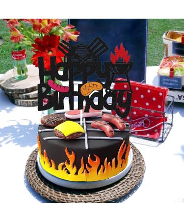 Barbecue Cake Topper for BBQ Sausage Roti Grill Cooking Theme Happy Birthday Cake Decorations Kids Boy Girl Bday Party Handmade Double Side Glitter Black Supplies Decor - Buy Online on SooperMarket.com