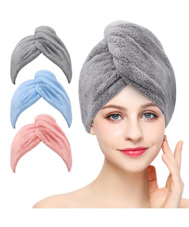 3 Pack Microfiber Hair Towel Wrap BEoffer Super Absorbent Twist Turban for Women Fast Drying Hair Caps with Buttons for Drying Curly, Long & Thick Hair Anti Frizz (Gray+Pink+Blue)