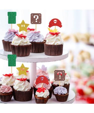 MonMon & Craft Mario Cupcake Toppers - Girls Boys Children Birthday Cupcake Toppers - Video Game Dessert Decor - Baby Shower Birthday Party Decorations Glitter - 24 Pcs - Buy Online on SooperMarket.com