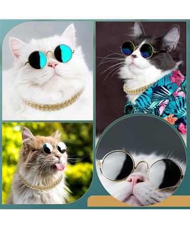 Gold Cat Dog Chain Collar & Sunglasses Set | Rhinestone Cuban Collar Chain | Retro Round Glasses for Pets | Cosplay Party Costume Props (12 Inch) - Buy Online on SooperMarket.com
