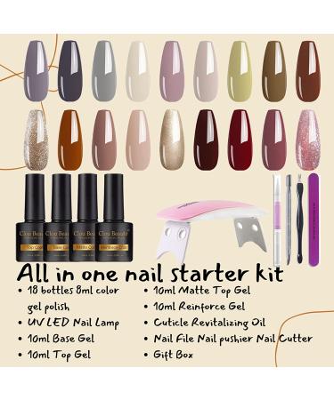Clou Beaute 27PCS Gel Nail Polish Set with UV LED Lamp - 18 Colors Soak Off Gel Polish Starter Kit - Matte Reinforce Gel Varnish Gift Box - S22-02 CB-S22-02 - Buy Online on SooperMarket.com