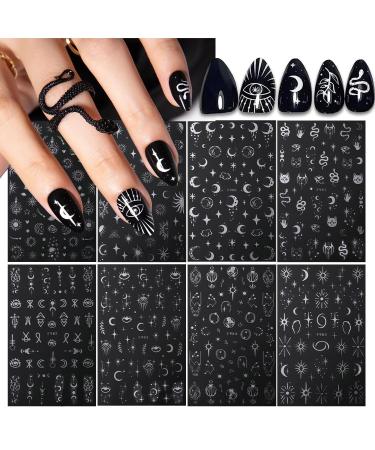 8 Sheets Metallic Nail Art Stickers Decals Silver Moon Star Sun Nail Stickers Eye Snake Nail Decals 3D Self-Adhesive Luxury Nail Art Design Stickers for Women Girls DIY Manicure Decoration Accessories Sun Moon Star Snake2