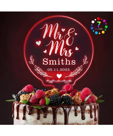 LED Personalised Wedding Cake Toppers 7 Colour Changes Light Up Cake Topper Wedding Bride and Groom Anniversary Cake Toppers MR & MRS Wedding Cake Decorations with Any Name(Design 1) - Buy Online on SooperMarket.com