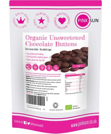 PINK SUN Organic Unsweetened Chocolate Buttons 1kg (or 2kg 3kg) 100% Pure Cacao Solids Sugar Free Vegan Cocoa Mass 1 kg (Pack of 1)