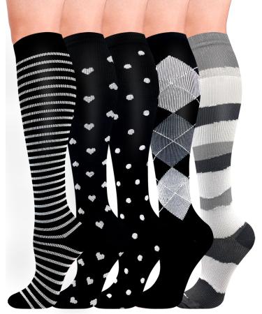 Hipower compression stockings 5 pairs of women and men colorful support stockings sport compression socks support knee socks travel socks compression sock for flight cycling nurse (B-5 pair l-xl)