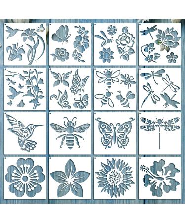 16 Pieces Flower Stencil for Painting Bee Sunflower Butterfly Spring Stencil Large Template Reusable Summer Painting Stencil and Metal Open Ring for DIY Craft on Wood Wall Home Decor(6.3 x 6.3 Inch)