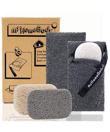 myHomeBody Soap Pocket Exfoliating Soap Saver Pouch | Body Scrubber Sponge, Exfoliator for Bath or Shower | for Large Bar Soap or Leftover Bits | Graphite Gray, 2 Pack + 2 Soap Lifting Pads