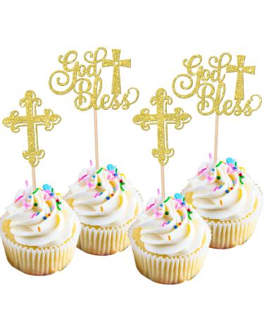 Rsstarxi 24 Pack Baptism Cupcake Toppers God Bless Cupcake Toppers Glitter Cross God Bless Cupcake Picks for Babyshower Christian First Communion Baptism Party Cake Decorations Gold