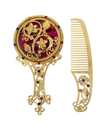 FRCOLOR Vintage Metal Handheld Mirror Handheld Mirror Antique Mirror Comb Set Small Mirrors Embossed Flower Portable Travel Personal Cosmetic Mirror 1 Set Handheld Mirror Comb Golden