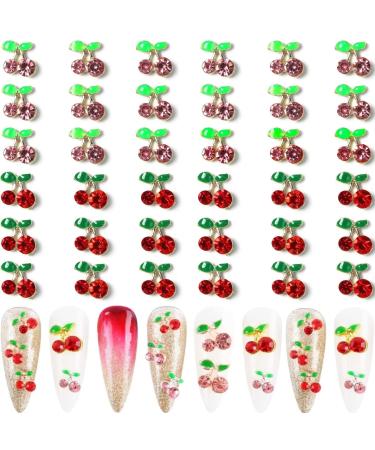 RUNRAYAY 36Pcs 3D Cherry Nail Art Charms Red & Pink Elegant Nail Studs Diamonds for Nail Accessories Summer Fruit Nail Jewelry Decoration for Diy Crafts Nail Decor