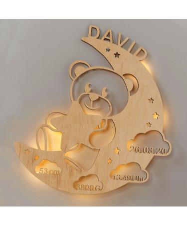LAUBLUST Night Light Bear in the Moon - Personalized Baby Gift for Birth & Baptism - LED Lighting | Natural
