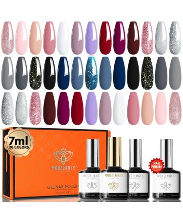 Modelones 24 Pcs Gel Nail Polish Kit 20 Colors Pink Blue Glitter Nail Polish Gel with Bond Primer Glossy & Matte Top Coat Base Coat Starter Kit Soak Off U V Gel LED Manicure Gift for Women DIY Home Salon