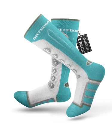 Outdoormaster children Ski socks 2-pack merino wool winter compression thermal mosocks for boys and girls non-slip cuffs above the calf 36 green