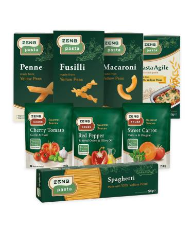 ZENB Pasta & Sauce Starter Pack - Gluten Free & Vegan Friendly Introductory Bundle - 3 Yellow Pea Pasta 3 Sauce 1 Spaghetti & 1 Pasta Agile
