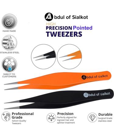 Abdul of Sialkot Tweezers for Women & Men -Professional Stainless Steel Pointed Tweezers for Ingrown Hair Splinters and Blackhead Removal Set of 2 (Black&Orange) - Buy Online on SooperMarket.com