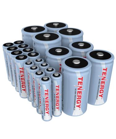 Tenergy High Drain AA AAA C and D Battery 1.2V Rechargeable NiMH Batteries Combo 8-Pack 2500mAh AA Cells 8-Pack 1000mAh AAA Cells 4-Pack 5000mAh C Cells and 4-Pack 10000mAh D Cell Batteries