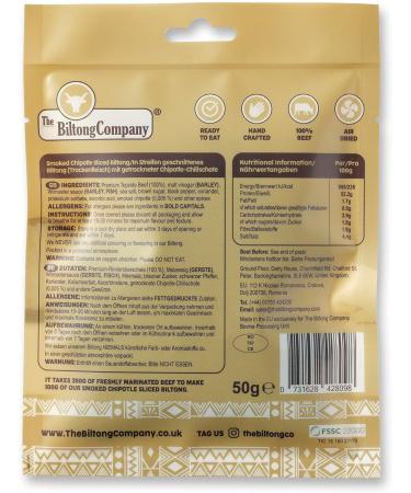 Smoked Chipotle Sliced Biltong 1 x 50g (50g) Natural Spicy Beef Biltong by The Biltong Company High in Protein & Keto Diet-Approved Lean Biltong Spiced Meat Snack Like Jerky Smoked Chipotle Flavour 50 g (Pack of 1) - Buy Online on SooperMarket.com