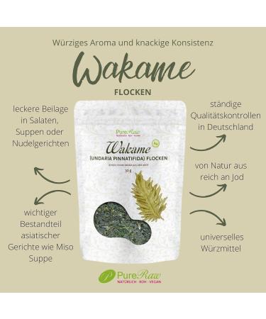 Organic Wakame Algae Flakes - Raw Vegan Umami Seaweed for Salad Sushi Dashi & Snacks - 60g (2x30g) Undaria Pinnatifida | Pureeraw - Buy Online on SooperMarket.com
