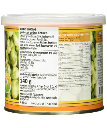 Khao Shong Roasted Green Peas with Wasabi - Crispy Low-Fat Snack 140g Can | Medium Sharpness Perfect Nut Alternative - Buy Online on SooperMarket.com
