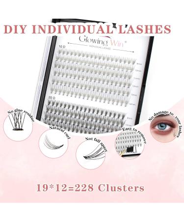 Glowing Win Individual False Eyelashes - Cluster Lashes 228 PCs DIY Extensions (0.07C 10D+20D Mix 8-14mm) | Premium Artificial Eyelash Extensions - Buy Online on SooperMarket.com