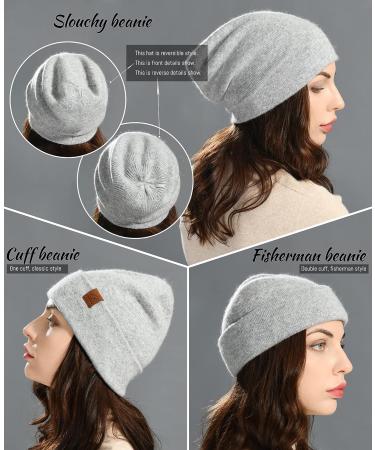 Jaxmonoy Wool Cashmere Slouchy Knit Beanie | Winter Hat for Women - Light Grey - Buy Online on SooperMarket.com