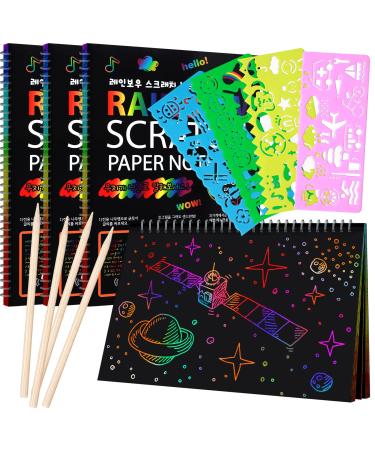4 Pack Scratch Arts Drawing Notebook for Kids Drawing Pad Large Rainbow Scratch Drawing Paper Set for Kids Art Supplies (with 4 Wooden Stylus & 4 Drawing Stencils