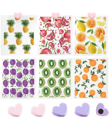 Swedish Dish Cloth 6 Pack Swedish Dishcloths with 4 Clips Absorbent Sponge Cleaning Reusable Biodegradable Paper Towels (6 Pack Fruit)