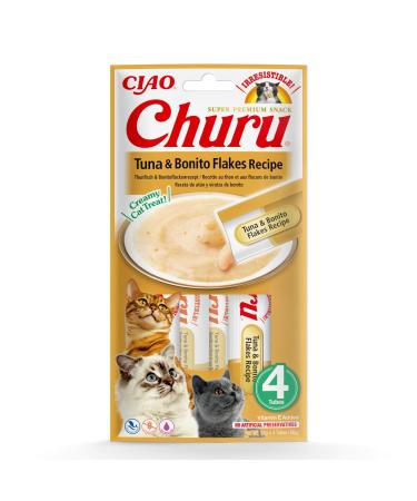 Inaba Churu Puree Katzensnacks - Cat paste to feed from the hand - Cat sticks with tuna & bonite flakes - 4 sticks x 14 g tuna & bonitoflocks 4 pieces (1 Pack)