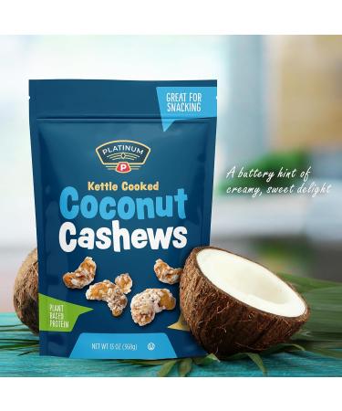 Platinum Kettle Cooked Coconut Cashews - Plant-Based Protein Snack | Healthy Fiber | 13 oz Resealable Pouch for Home Office Gym & School - Ship Internationally - Buy Online on SooperMarket.com