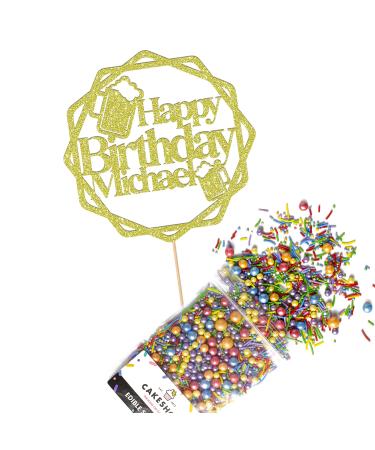 Cakeshop Cake Decoration Pack | Round Beers Happy Birthday Premium Double Sided Glitter Card Cake Topper & 25g Party Pack of Cake Sugar Sprinkles | Custom Name Cake Decorations (Champagne) Non-Prime Glitter Card: Champagne