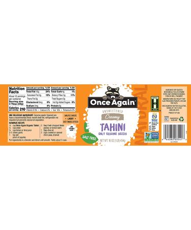 Once Again Natural Sesame Tahini - 16 oz Jar (Salt Free, Unsweetened) - Buy Online on SooperMarket.com