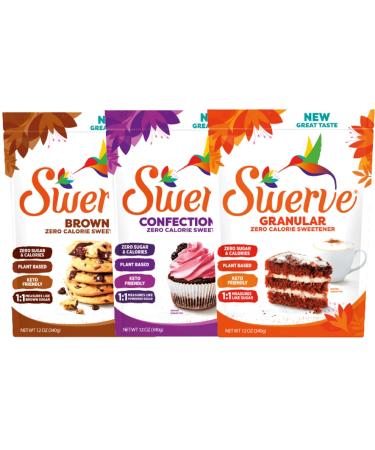 Swerve Sweetener Granular Brown and Confectioners Baker's Trio - Sugar Substitute Zero Calorie Keto Friendly Zero Sugar Non-Glycemic 12oz 3 Pack Granular Confectioners Brown 12 Ounce (Pack of 3)