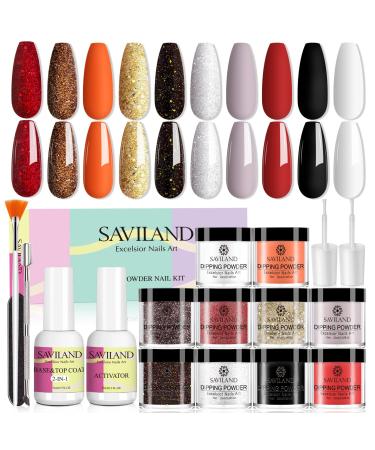 Saviland Dip Powder Nail Kit - 10 Colors Dipping Nail Powder Starter Kit with 2-In-1 Base & Top Coat, Activator and 2pcs Replacement Brushes for Nail Salon, DIY at Home