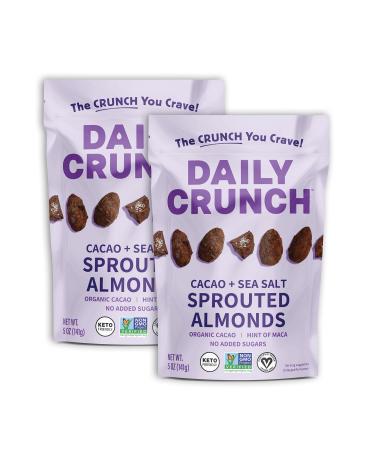 Daily Crunch Sprouted Almonds, Cacao and Sea Salt, 5 Ounce Resealable Bags, Pack of 2 - Sprouted and Dehydrated for a Unique Crunch, Keto Friendly, Non-GMO, Oil Free, Vegan, Healthy Snack Cacao and Sea Salt 5 Ounce (Pack o