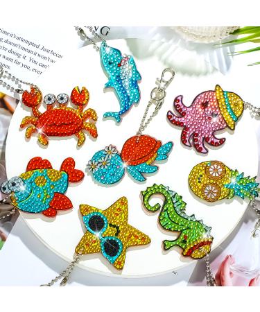 8 Pcs Diamond Art Keychains Diamond Painting Keychains Kids Arts and Crafts 5D Diamond Painting Kits Gem Art Diamond Keychains for Boys Girls Ages 8-12 DIY Gift Birthday Party Favors (Ocean Style)