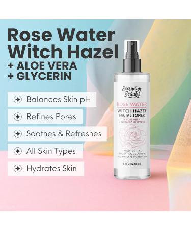 Rose Water Witch Hazel Facial Toner - Alcohol Free Hydrating Aloe Vera All Natural - 8 Fl Oz - Best for Radiant Skin - Buy Online on SooperMarket.com