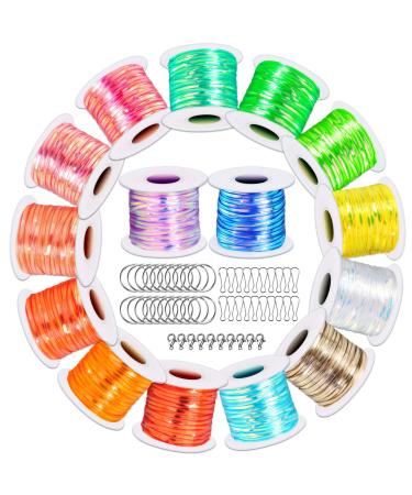 Lanyard String Kit, Cridoz 15 Rolls Gimp String Plastic Lacing Cord with 50pcs Snap Clip Hooks, Keyrings and Lobster Clasps for Boondoggle Crafts, Bracelets and Lanyard Weaving (Laser Colors)