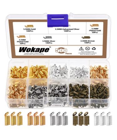 Wokape 500Pcs 3.5mm Cord Ends Caps with Loop  5 Colors Iron Terminators Coil Spring Fastener Crimp Clasp Mini Tube Cord Cap Tip for Jewelry Making 500Pcs   0.14
