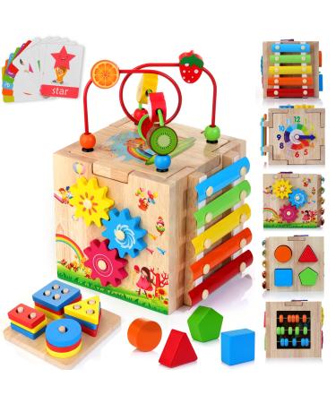 Hellowood motor cubes made of wood 8 in 1 motor toy with stack and sorting board word cards (in English) Montessori educational toys for toddlers baby from 18 months blue packaging