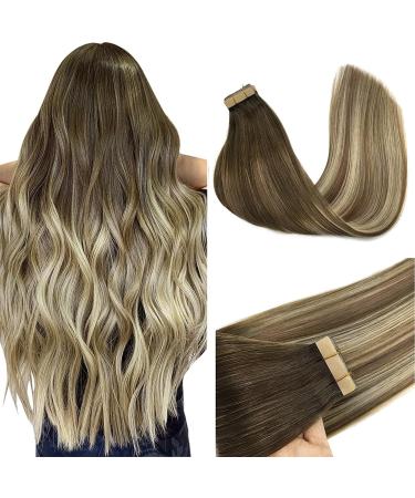 Goo Goo Tape in Extensions Real Hair 20PCs 50cm Walnut Brown to Ash Brown and Bleed Blond Tape Extensions Real Hair Invisible Tape Extensions Real Hair A#(T3/8)/613 Walnut Brown and Bleichblond 50cm-50g