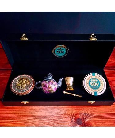 Luxurious Saffron Gift Box for Chefs: 9 Gr Grade A+ Organic Super Negin Coupe Saffron Threads Green Cardamom Rose Bud Tea Dried Saffron Teapot Small Brass Mortar and Pestle (Black Leather Box)