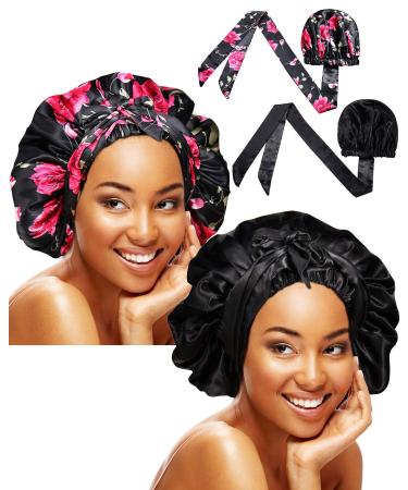 2 Pieces Soft Satin Head Scarf Sleeping Cap Bonnet Headwear Head Wrap Turbans for Women Long Curly Hair, Braids Chic Pattern