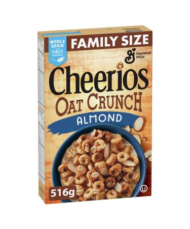 CHEERIOS - FAMILY SIZE PACK - Almond Oat Crunch Cereal Box Whole Grain is the First Ingredient No Artificial Colours No Artificial Flavours 516 Grams Package of Cereal